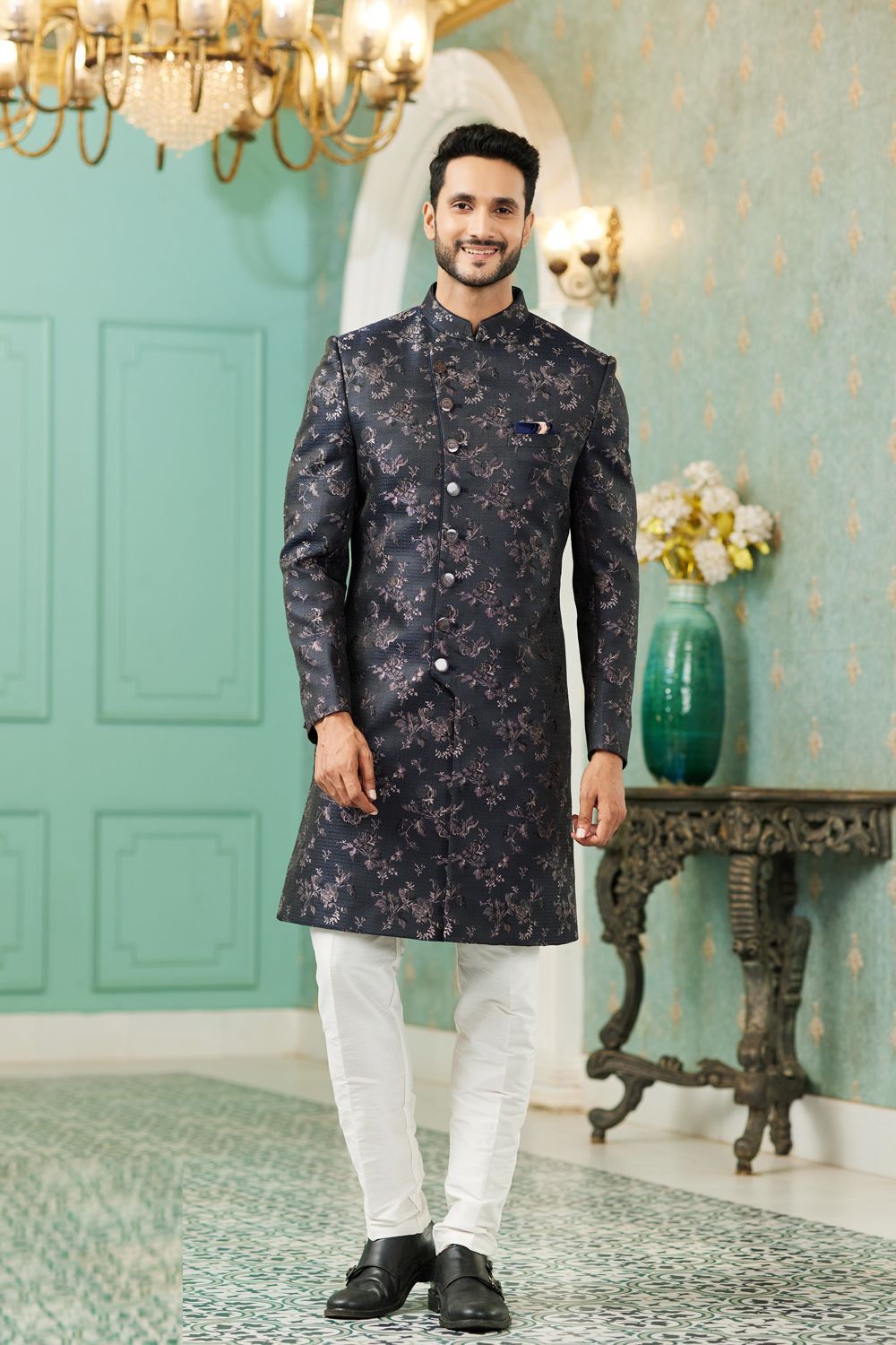 Navy Blue Imported Jaquard Silk Indo Western (NMK-7150) - Nihal Fashions