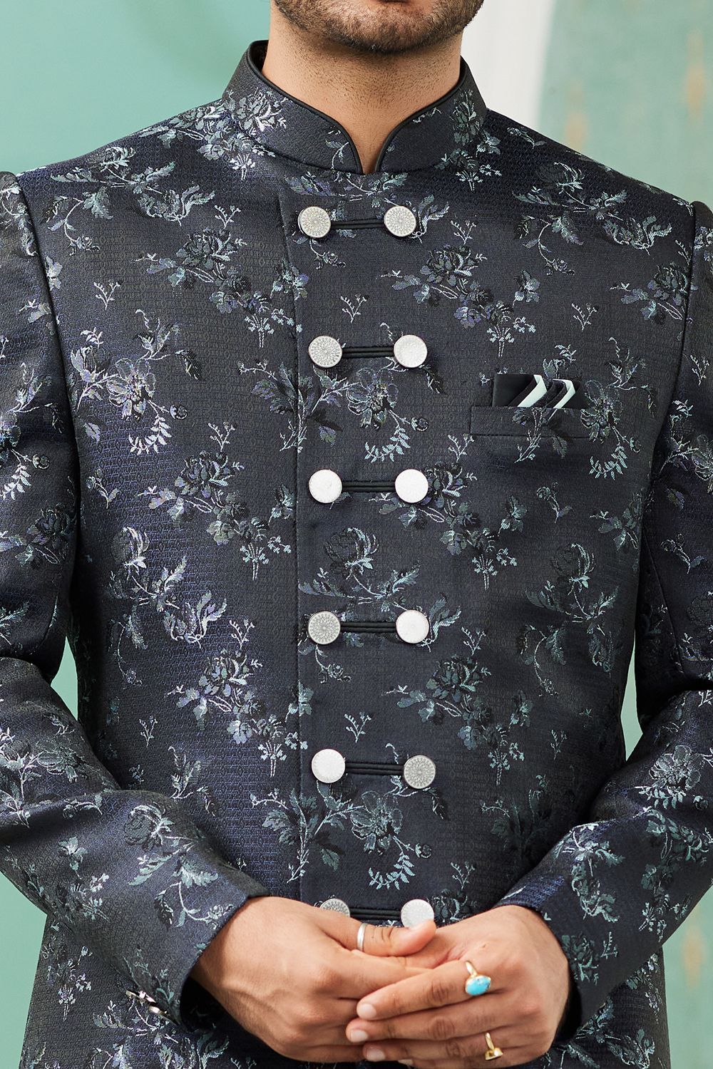 Navy Blue Imported Jaquard Silk Indo Western (NMK-7151) - Nihal Fashions