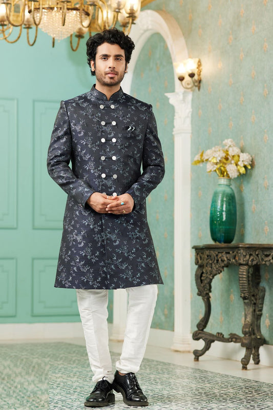 Navy Blue Imported Jaquard Silk Indo Western (NMK-7151) - Nihal Fashions