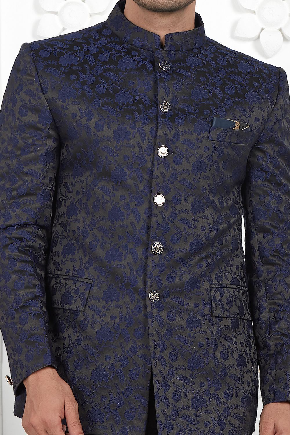 Navy Blue Imported Jaquard Silk Indo Western (NMK-7220) - Nihal Fashions