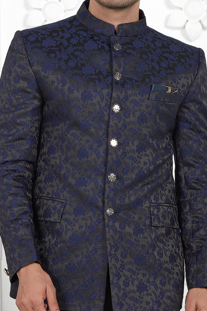 Navy Blue Imported Jaquard Silk Indo Western (NMK-7220) - Nihal Fashions