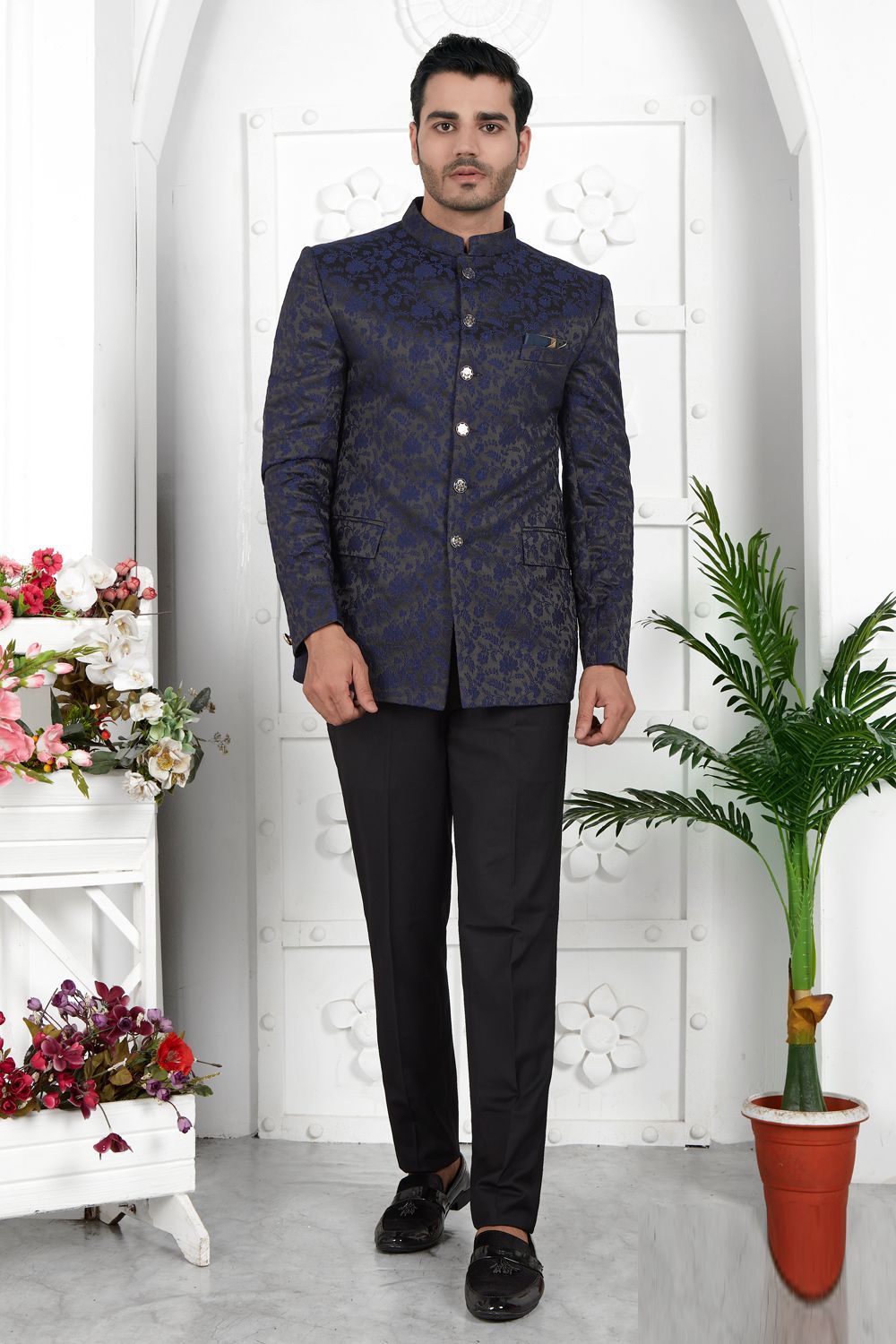 Navy Blue Imported Jaquard Silk Indo Western (NMK-7220) - Nihal Fashions