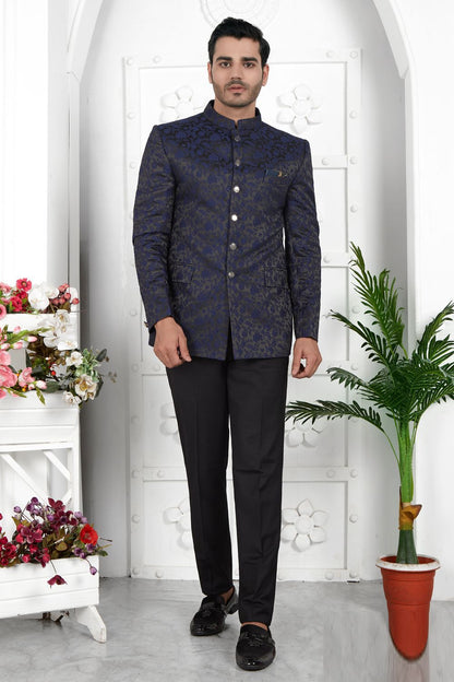 Navy Blue Imported Jaquard Silk Indo Western (NMK-7220) - Nihal Fashions