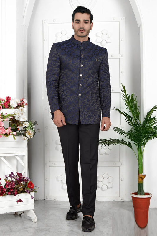 Navy Blue Imported Jaquard Silk Indo Western (NMK-7220) - Nihal Fashions