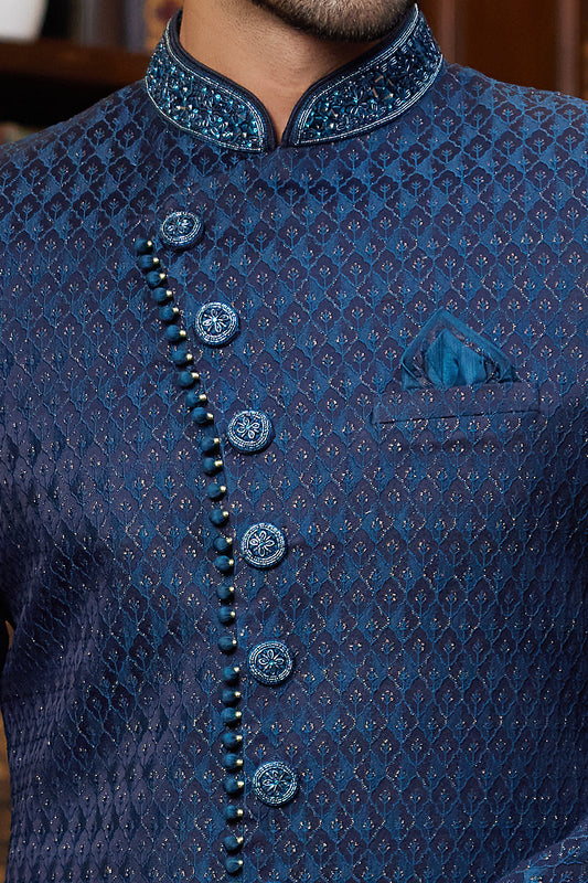 Navy Blue Imported Jaquard Silk Indo Western (NMK-8293) - Nihal Fashions