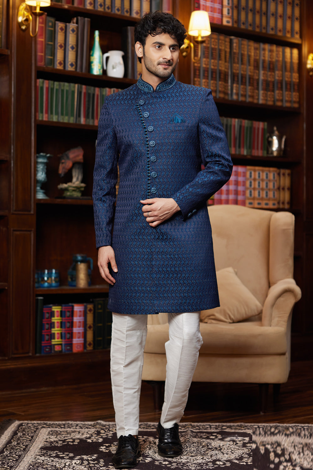 Navy Blue Imported Jaquard Silk Indo Western (NMK-8293) - Nihal Fashions