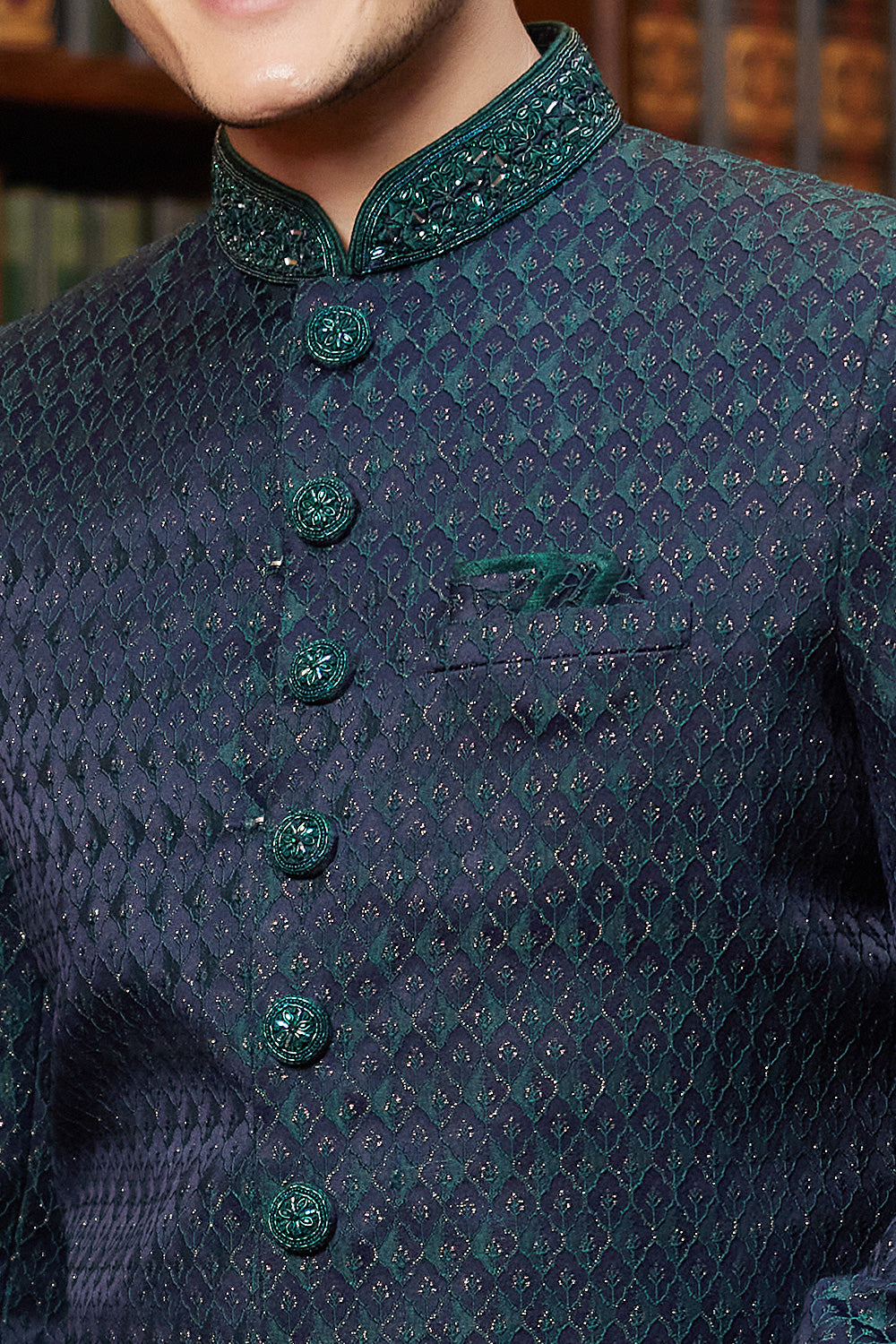 Navy Blue Imported Jaquard Silk Indo Western (NMK-8295) - Nihal Fashions