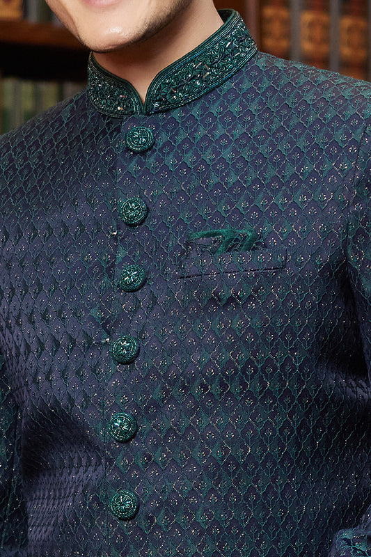 Navy Blue Imported Jaquard Silk Indo Western (NMK-8295) - Nihal Fashions