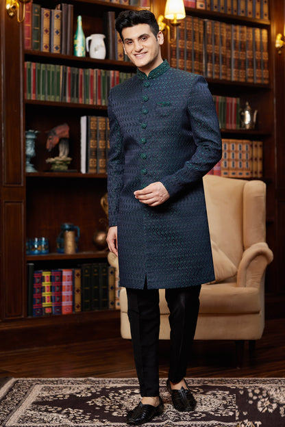 Navy Blue Imported Jaquard Silk Indo Western (NMK-8295) - Nihal Fashions