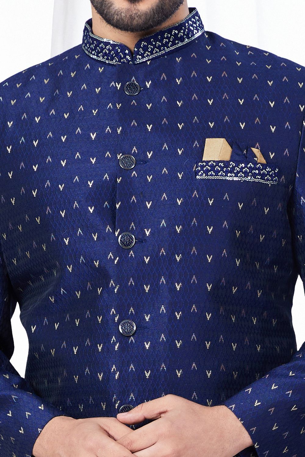 Navy Blue Jaquard Indo Western (NMK-7784) - Nihal Fashions