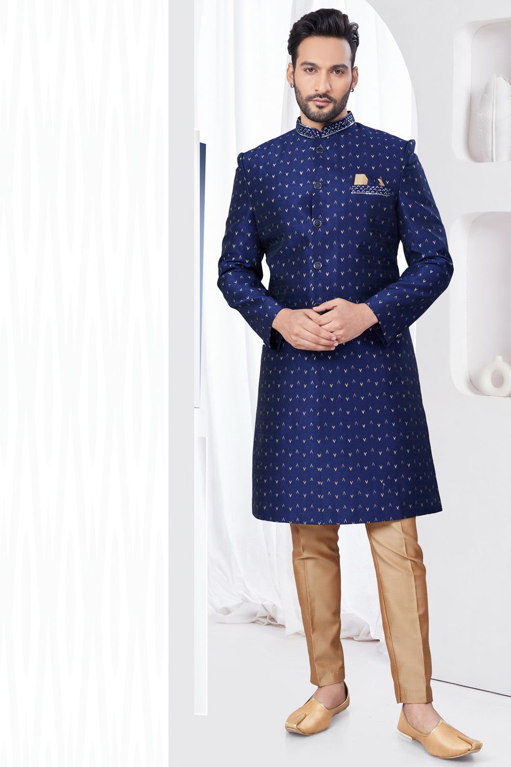 Navy Blue Jaquard Indo Western (NMK-7784) - Nihal Fashions