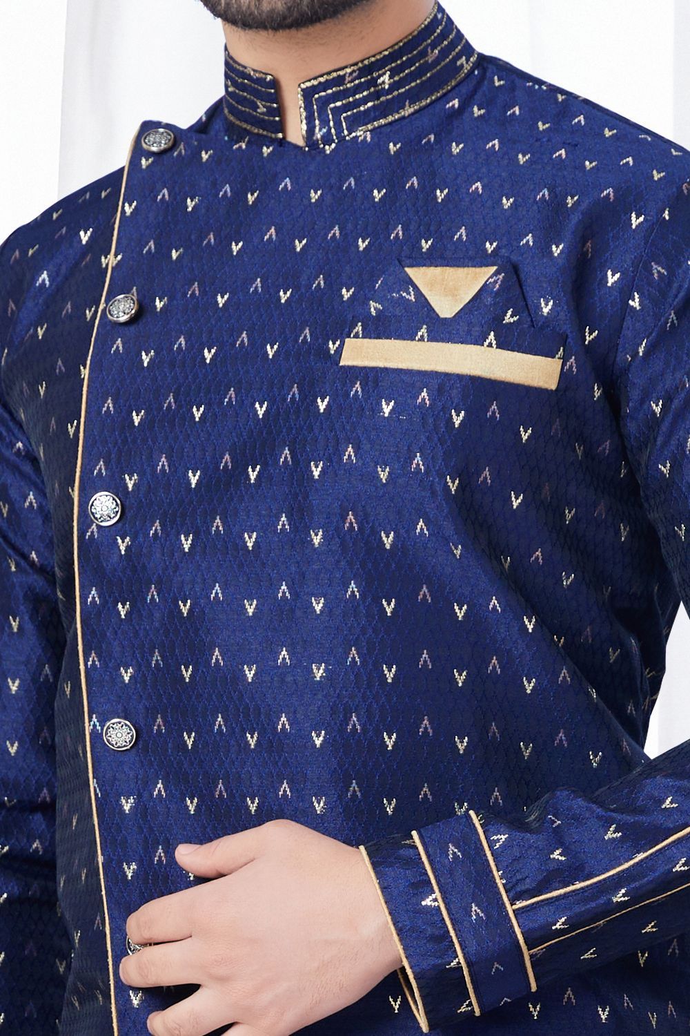 Navy Blue Jaquard Indo Western (NMK-7847) - Nihal Fashions