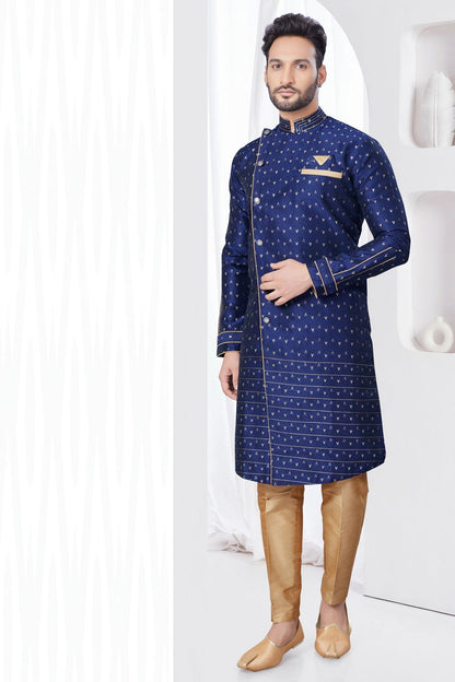 Navy Blue Jaquard Indo Western (NMK-7847) - Nihal Fashions