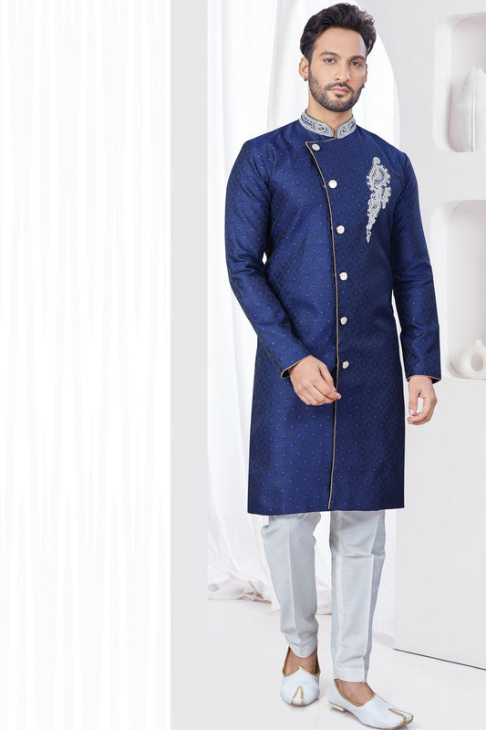 Navy Blue Jaquard Indo Western (NMK-7867) - Nihal Fashions