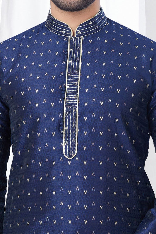 Navy Blue Jaquard Kurta Pajama for Men (NMK-7810) - Nihal Fashions