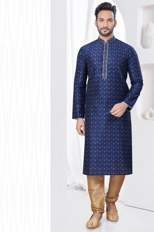Navy Blue Jaquard Kurta Pajama for Men (NMK-7810) - Nihal Fashions