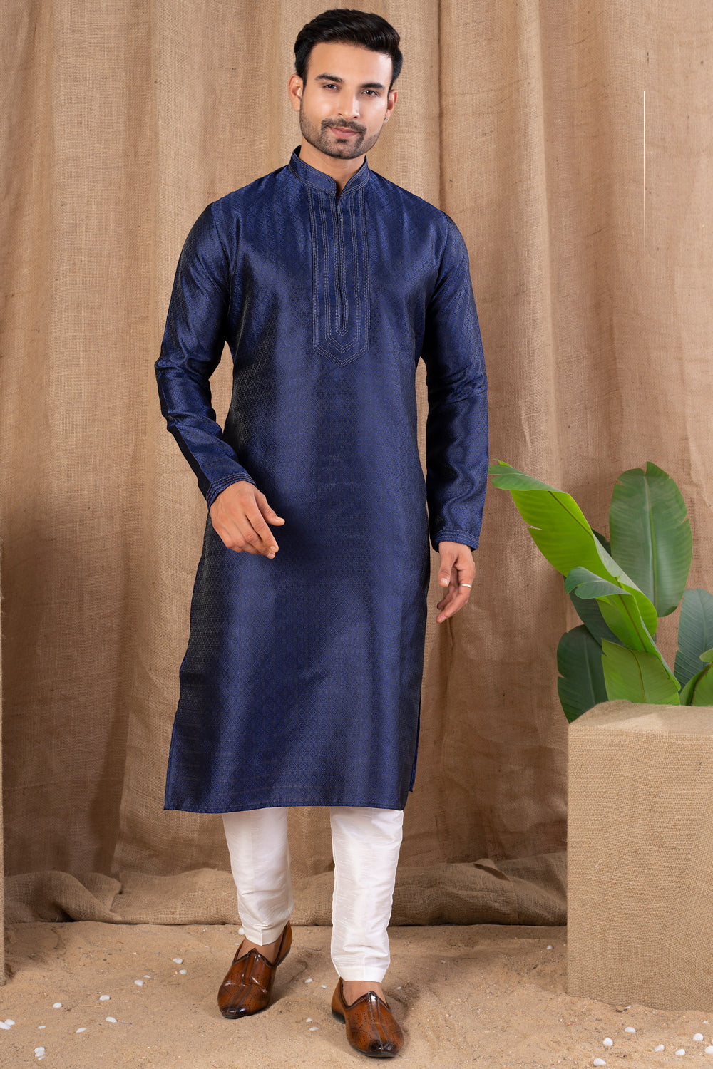 Navy Blue Jaquard Kurta Pajama for Men (NMK-8516) - Nihal Fashions