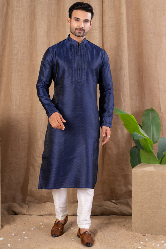 Navy Blue Jaquard Kurta Pajama for Men (NMK-8516) - Nihal Fashions