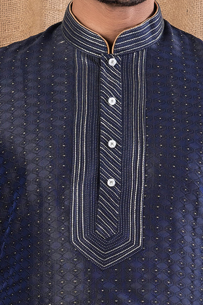 Navy Blue Jaquard Kurta Pajama (NMK-8491) - Nihal Fashions
