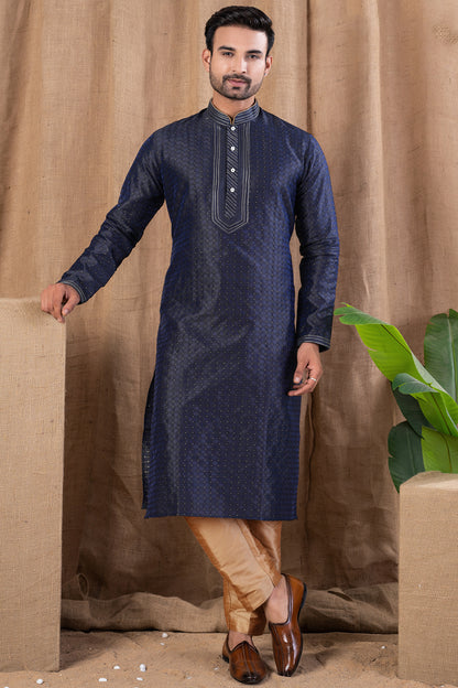 Navy Blue Jaquard Kurta Pajama (NMK-8491) - Nihal Fashions