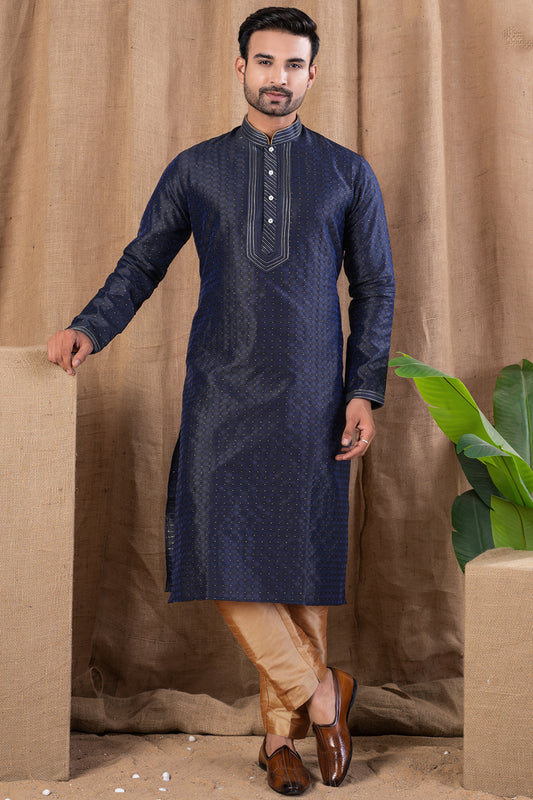 Navy Blue Jaquard Kurta Pajama (NMK-8491) - Nihal Fashions