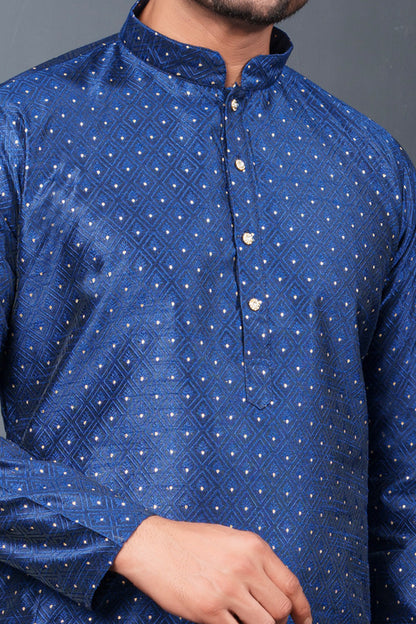 Navy Blue Jaquard Kurta Pajama (NMK-8765) - Nihal Fashions