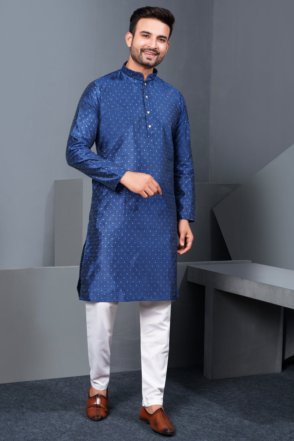 Navy Blue Jaquard Kurta Pajama (NMK-8765) - Nihal Fashions