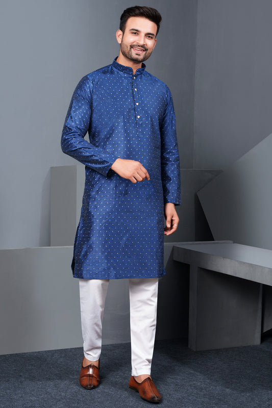 Navy Blue Jaquard Kurta Pajama (NMK-8765) - Nihal Fashions