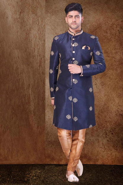 Navy Blue Jaquard Mens Indo Western (NMK-6771)