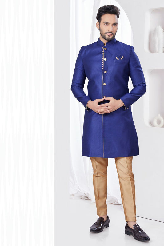 Navy Blue Jaquard Mens Indo Western (NMK-7775) - Nihal Fashions