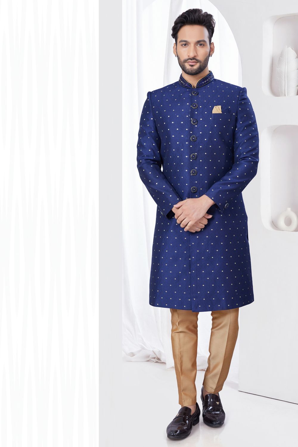 Navy Blue Jaquard Mens Indo Western (NMK-7781) - Nihal Fashions