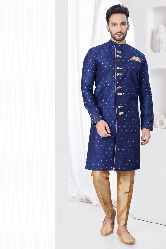 Navy Blue Jaquard Mens Indo Western (NMK-7846) - Nihal Fashions
