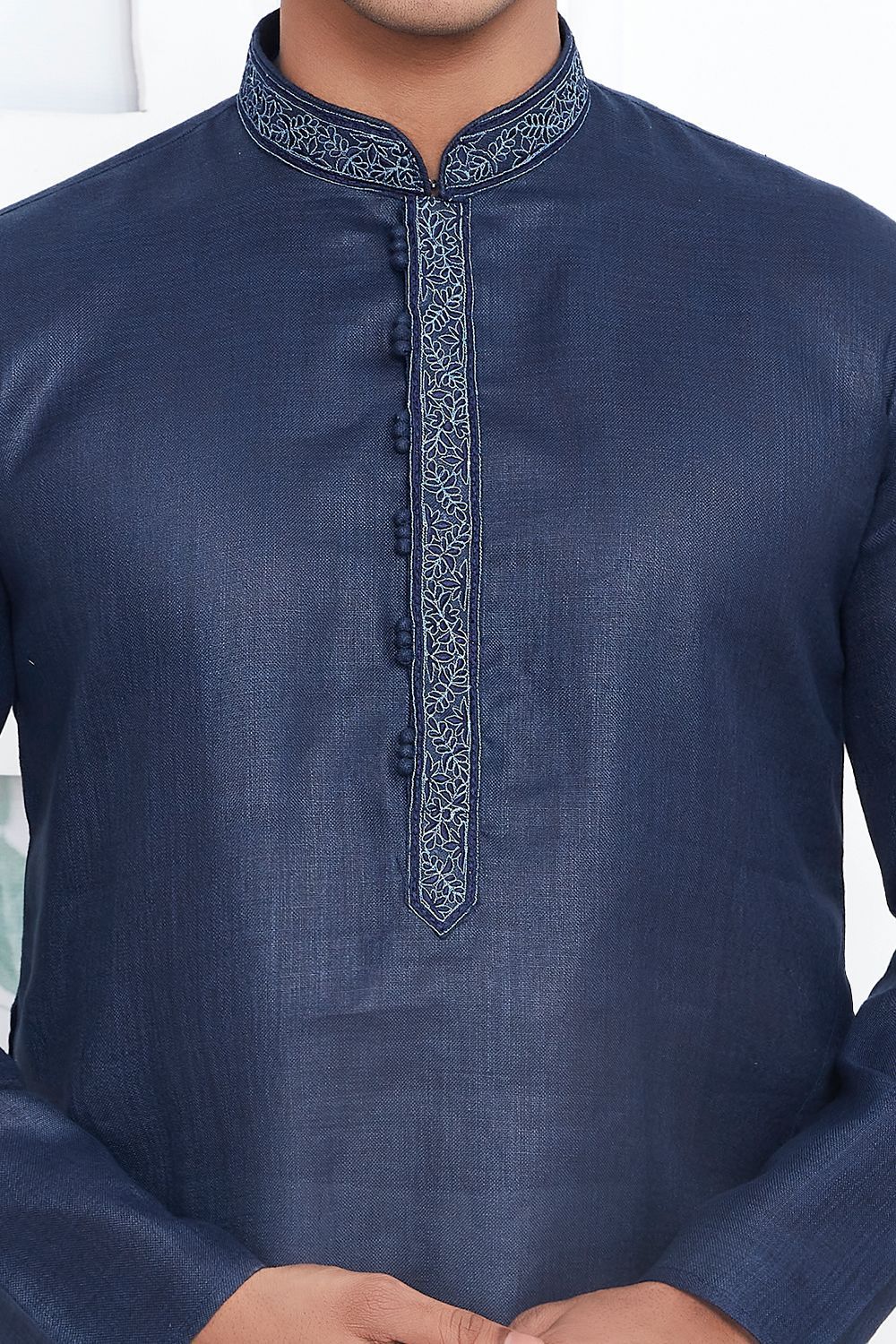 Navy Blue Linen Cotton Kurta Pajama (NMK-7595) - Nihal Fashions