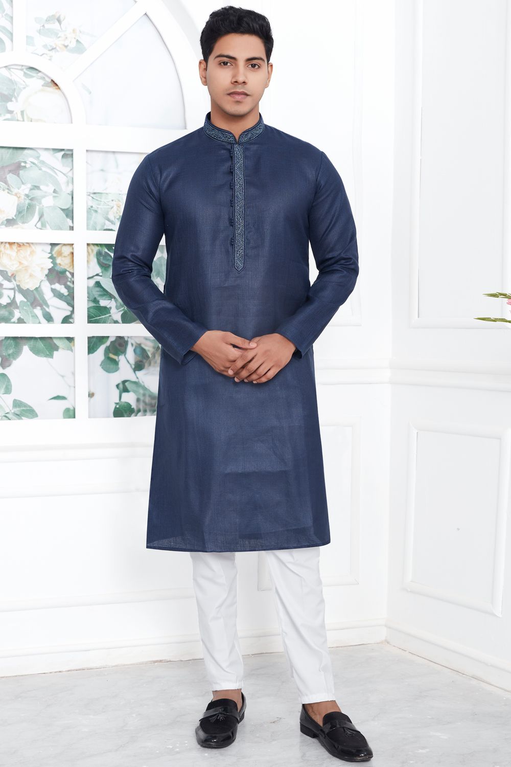 Navy Blue Linen Cotton Kurta Pajama (NMK-7595) - Nihal Fashions