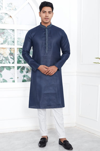 Navy Blue Linen Cotton Kurta Pajama (NMK-7595) - Nihal Fashions