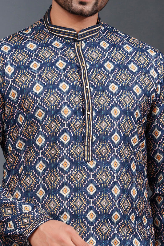 Navy Blue Printed Cotton Silk Kurta Pajama (NMK-8771) - Nihal Fashions