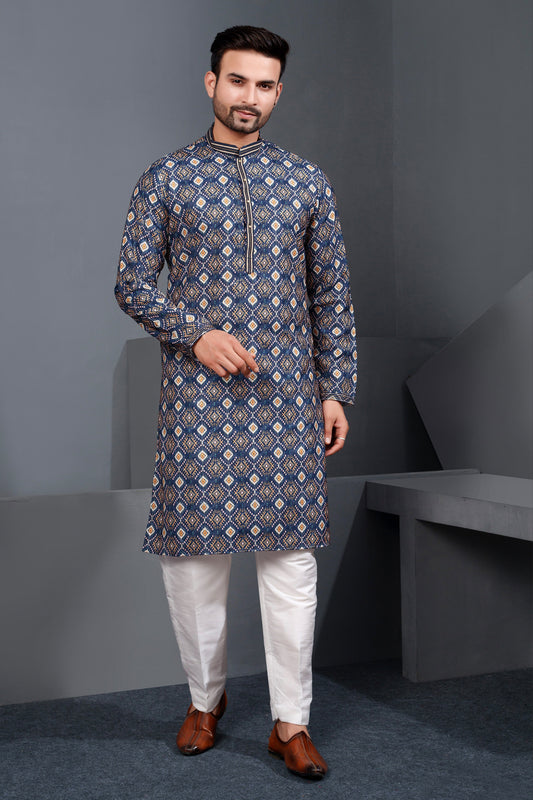 Navy Blue Printed Cotton Silk Kurta Pajama (NMK-8771) - Nihal Fashions