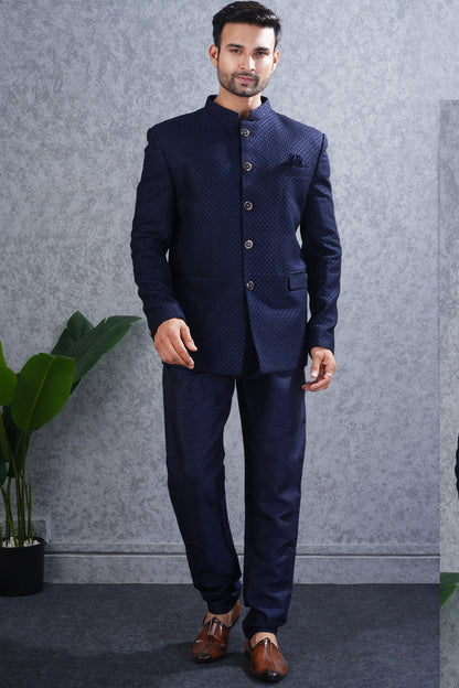 Navy Blue Tussar Silk Jodhpuri for Men (NMK-8462) - Nihal Fashions