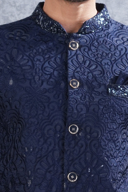 Navy Blue Tussar Silk Jodhpuri (NMK-8460) - Nihal Fashions