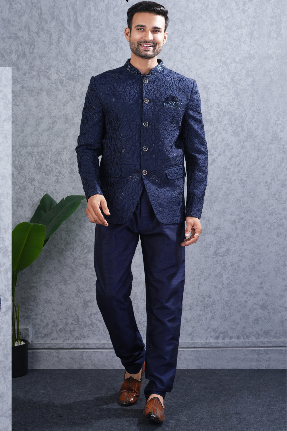 Navy Blue Tussar Silk Jodhpuri (NMK-8460) - Nihal Fashions