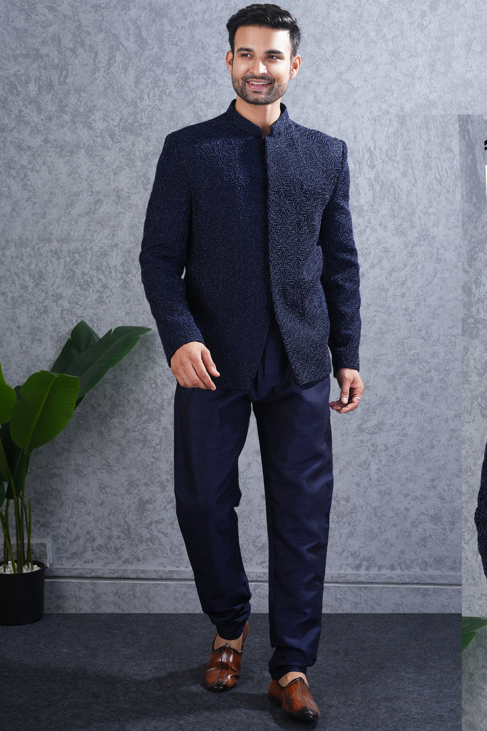 Navy Blue Tussar Silk Mens Jodhpuri (NMK-8461) - Nihal Fashions