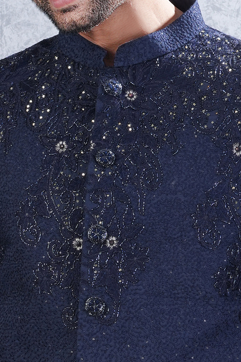 Navy Blue Tussar Silk Wedding Jodhpuri (NMK-8464) - Nihal Fashions