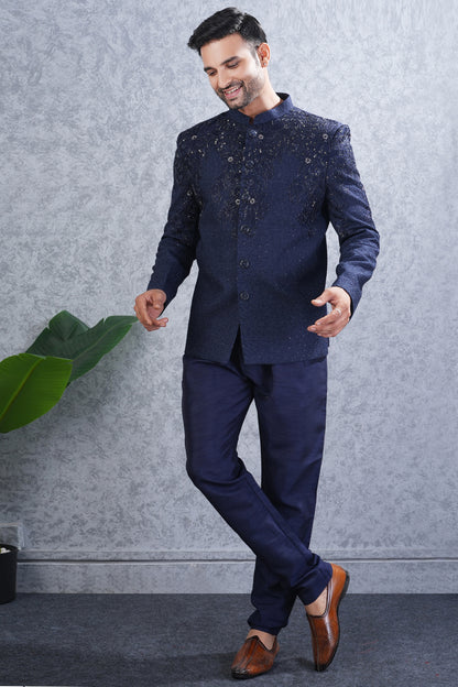Navy Blue Tussar Silk Wedding Jodhpuri (NMK-8464) - Nihal Fashions