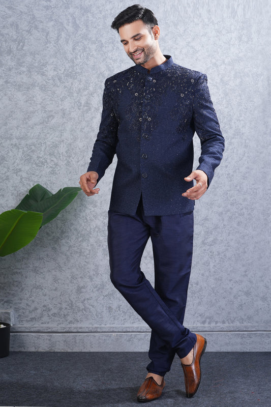 Navy Blue Tussar Silk Wedding Jodhpuri (NMK-8464) - Nihal Fashions