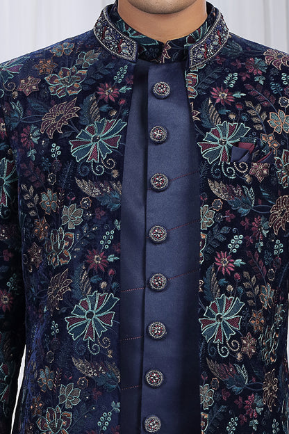 Navy Blue Velvet 3 piece Indo Western (NMK-8655) - Nihal Fashions