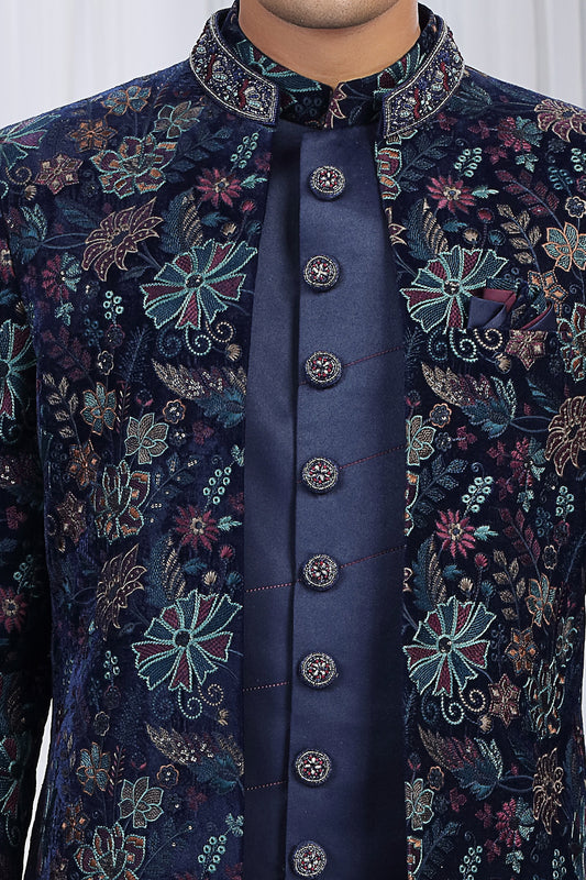 Navy Blue Velvet 3 piece Indo Western (NMK-8655) - Nihal Fashions