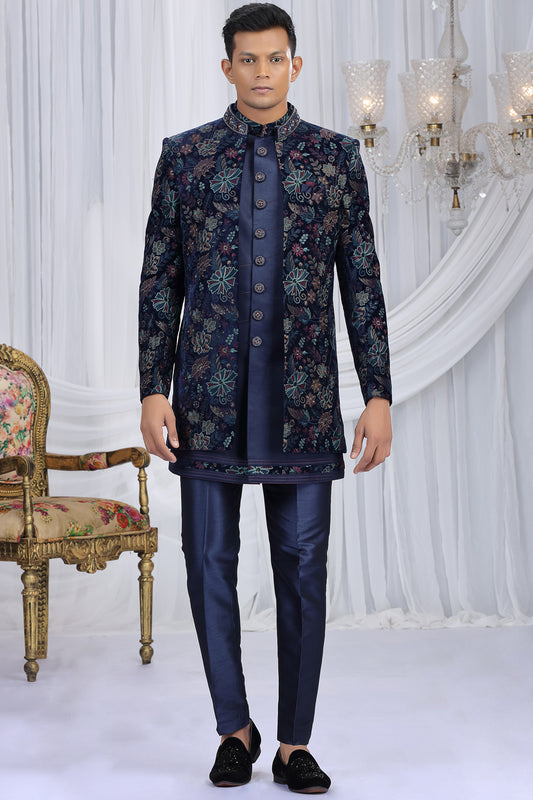 Navy Blue Velvet 3 piece Indo Western (NMK-8655) - Nihal Fashions