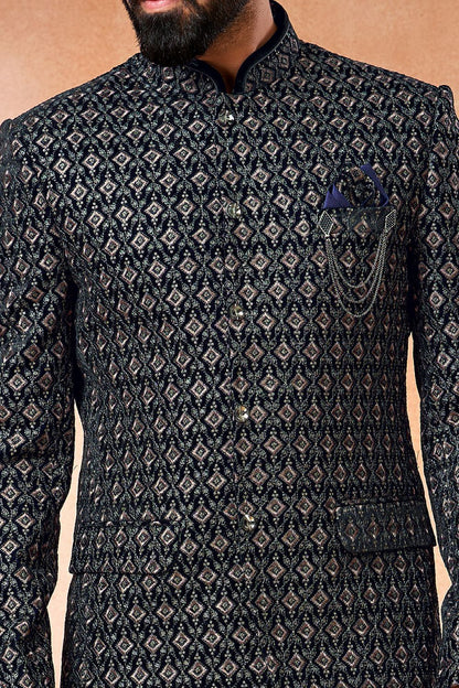 Navy Blue Velvet Bandhgala Jodhpuri (NMK-7224) - Nihal Fashions