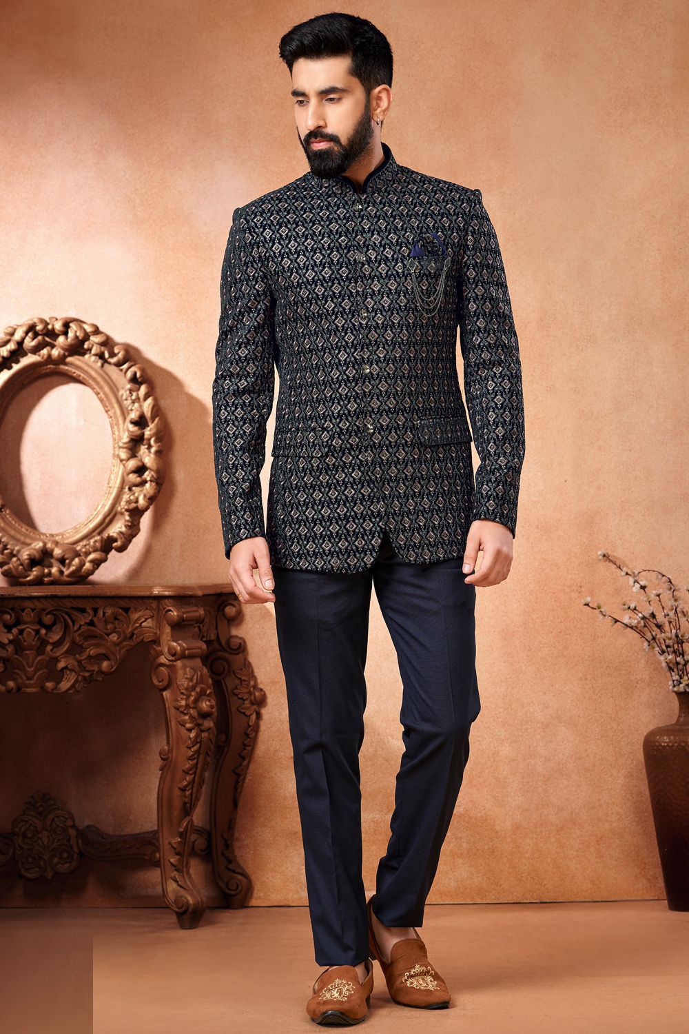 Navy Blue Velvet Bandhgala Jodhpuri (NMK-7224) - Nihal Fashions