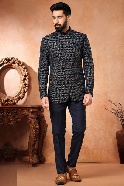 Navy Blue Velvet Bandhgala Jodhpuri (NMK-7224) - Nihal Fashions